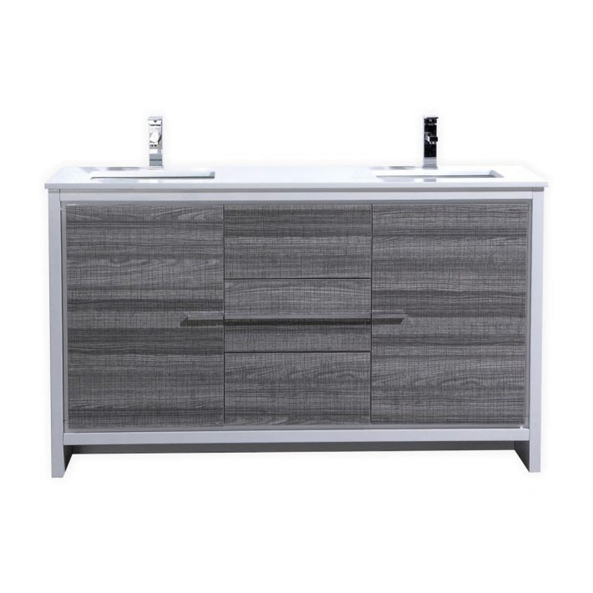 KubeBath, KubeBath Dolce 60" Ash Gray Freestanding Modern Bathroom Vanity With Quartz Vanity Top & Ceramic Double Sink With Overflow and 60" White Framed Mirror With Shelf