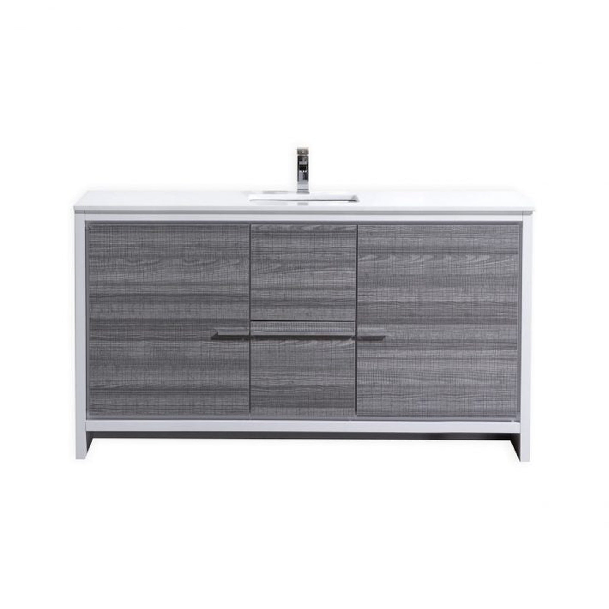 KubeBath, KubeBath Dolce 60" Ash Gray Freestanding Modern Bathroom Vanity With Quartz Vanity Top & Ceramic Sink With Overflow