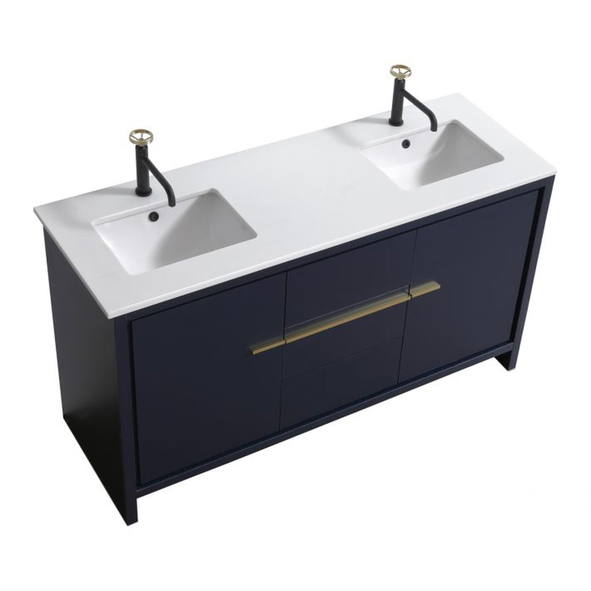 KubeBath, KubeBath Dolce 60" Blue Freestanding Modern Bathroom Vanity With Quartz Vanity Top & Ceramic Double Sink With Overflow and 60" White Framed Mirror With Shelf