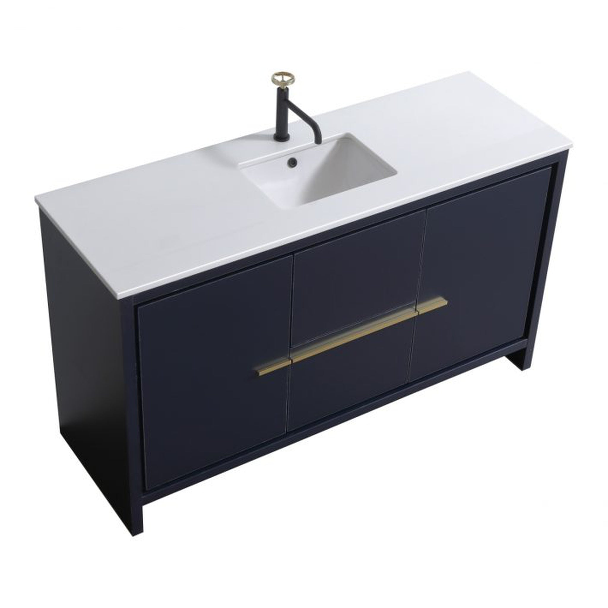 KubeBath, KubeBath Dolce 60" Blue Freestanding Modern Bathroom Vanity With Quartz Vanity Top & Ceramic Sink With Overflow and 60" White Framed Mirror With Shelf