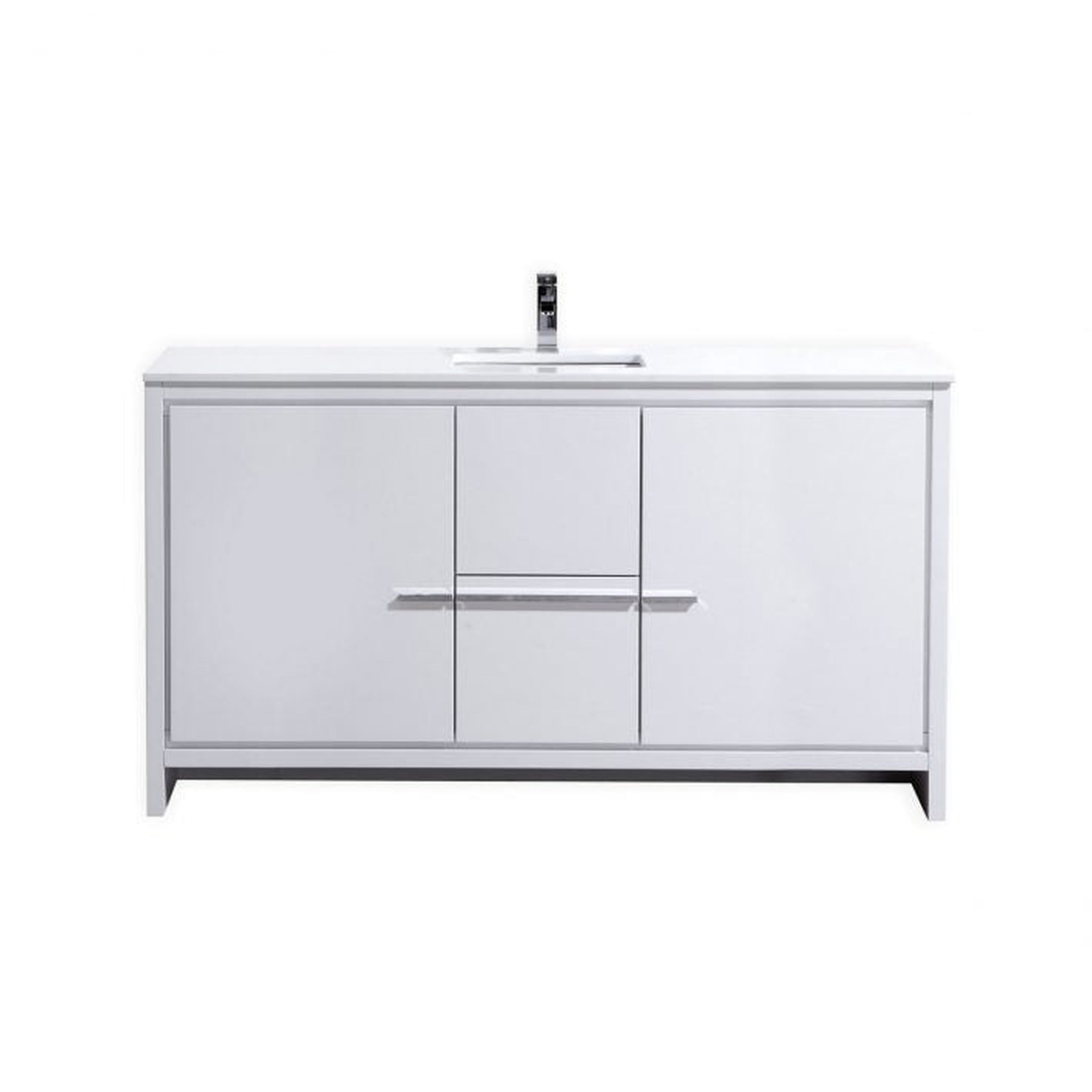 KubeBath, KubeBath Dolce 60" High Gloss White Freestanding Modern Bathroom Vanity With Quartz Vanity Top & Ceramic Sink With Overflow and 60" White Framed Mirror With Shelf