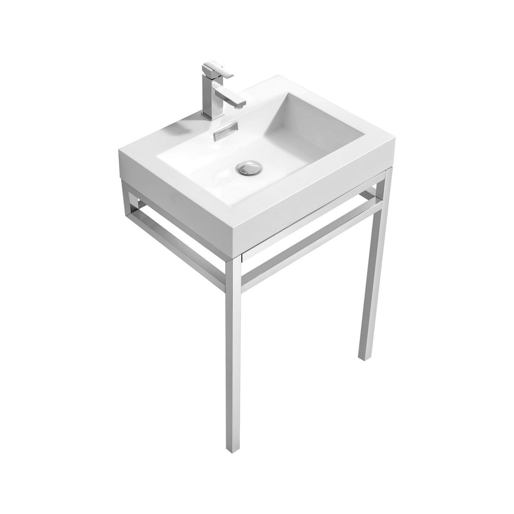 KubeBath, KubeBath Haus 24" White Acrylic Sink With Chrome Finish Stainless Steel Console And 24" White Framed Mirror With Shelf