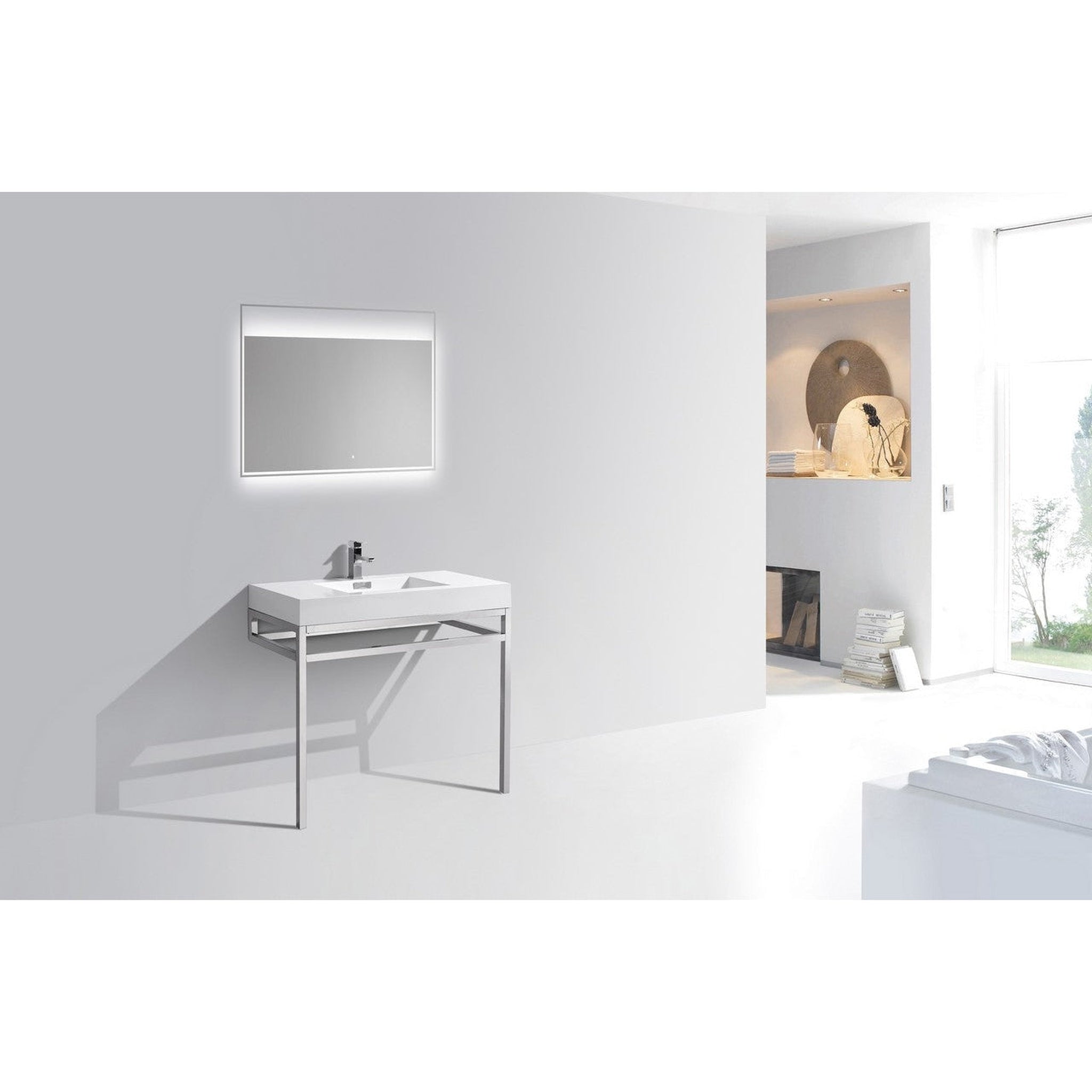 KubeBath, KubeBath Haus 36" White Acrylic Sink With Chrome Finish Stainless Steel Console