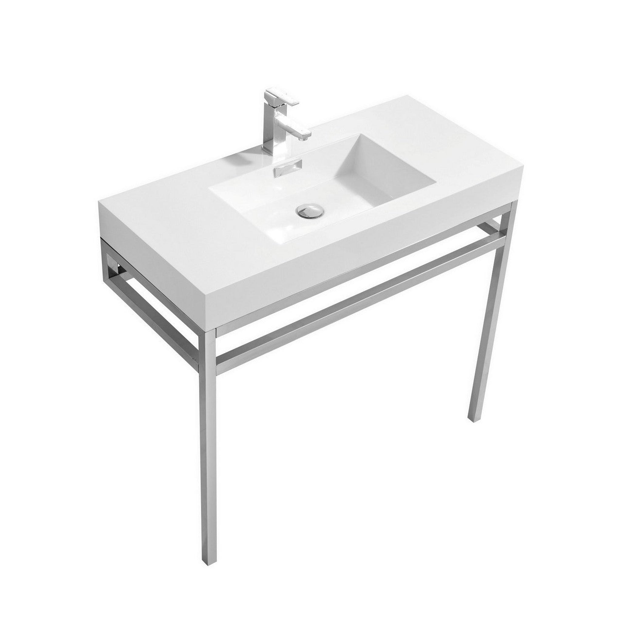 KubeBath, KubeBath Haus 36" White Acrylic Sink With Chrome Finish Stainless Steel Console And 36" White Framed Mirror With Shelf