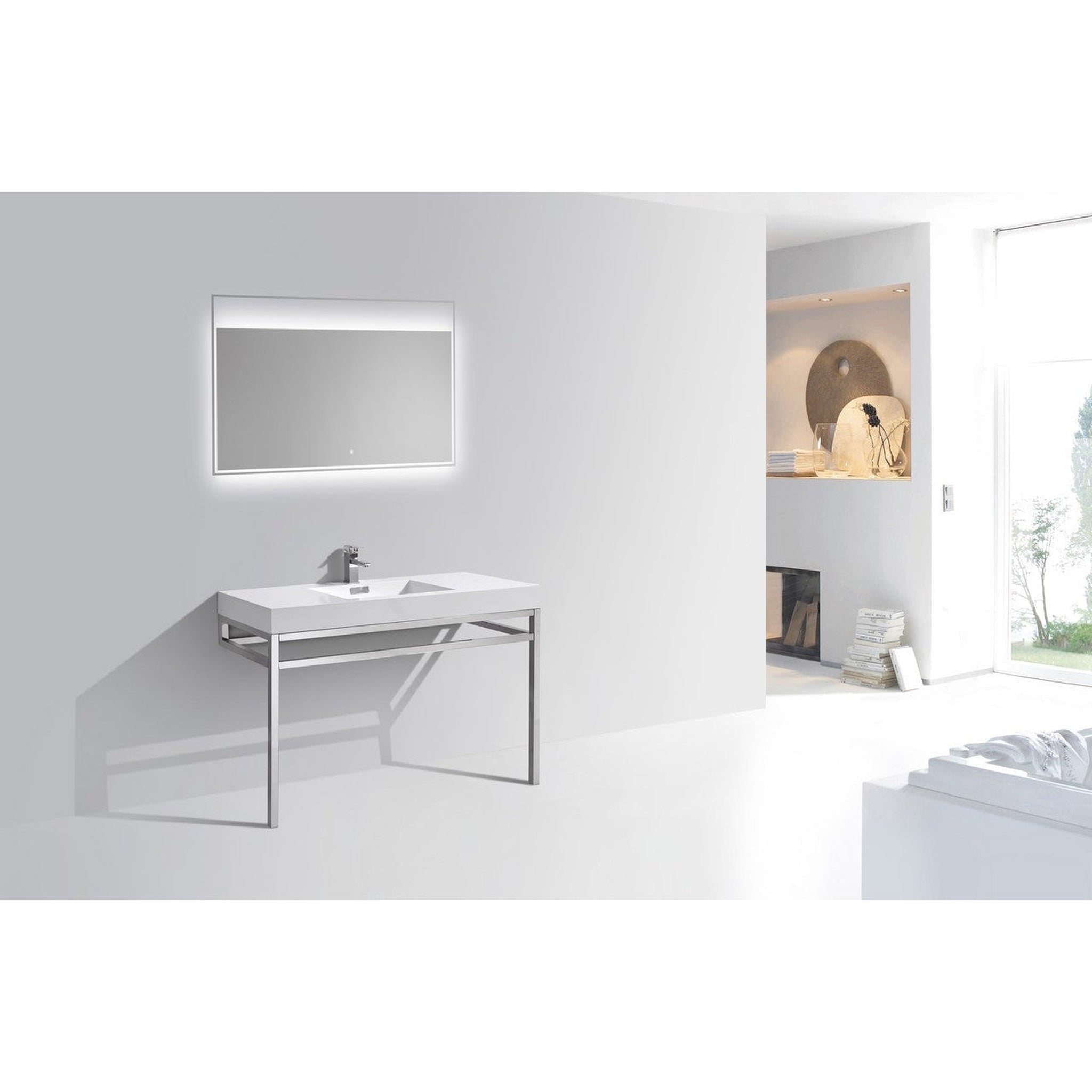 KubeBath, KubeBath Haus 48" White Acrylic Sink With Chrome Finish Stainless Steel Console