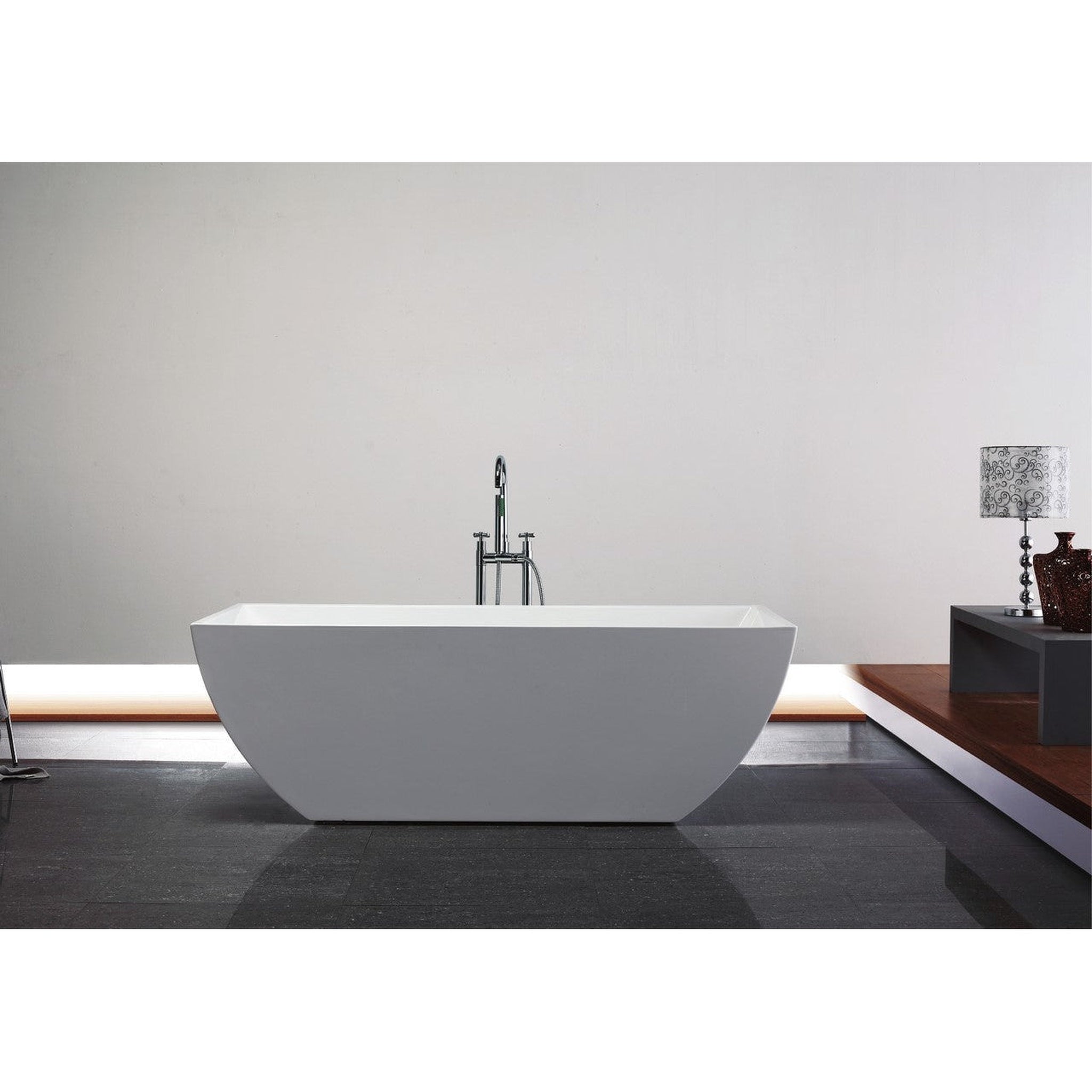 KubeBath, KubeBath Kube Contemporanea 67" White Acrylic Freestanding Bathtub With Slim Rectangular Overflow and Brass Pop-Up Drain