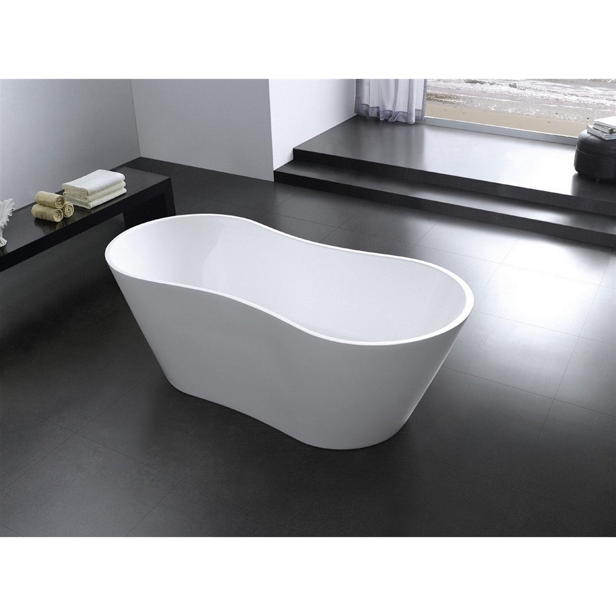 KubeBath, KubeBath Kube Onde 66" White Acrylic Freestanding Bathtub With Slim Rectangular Overflow and Brass Pop-Up Drain