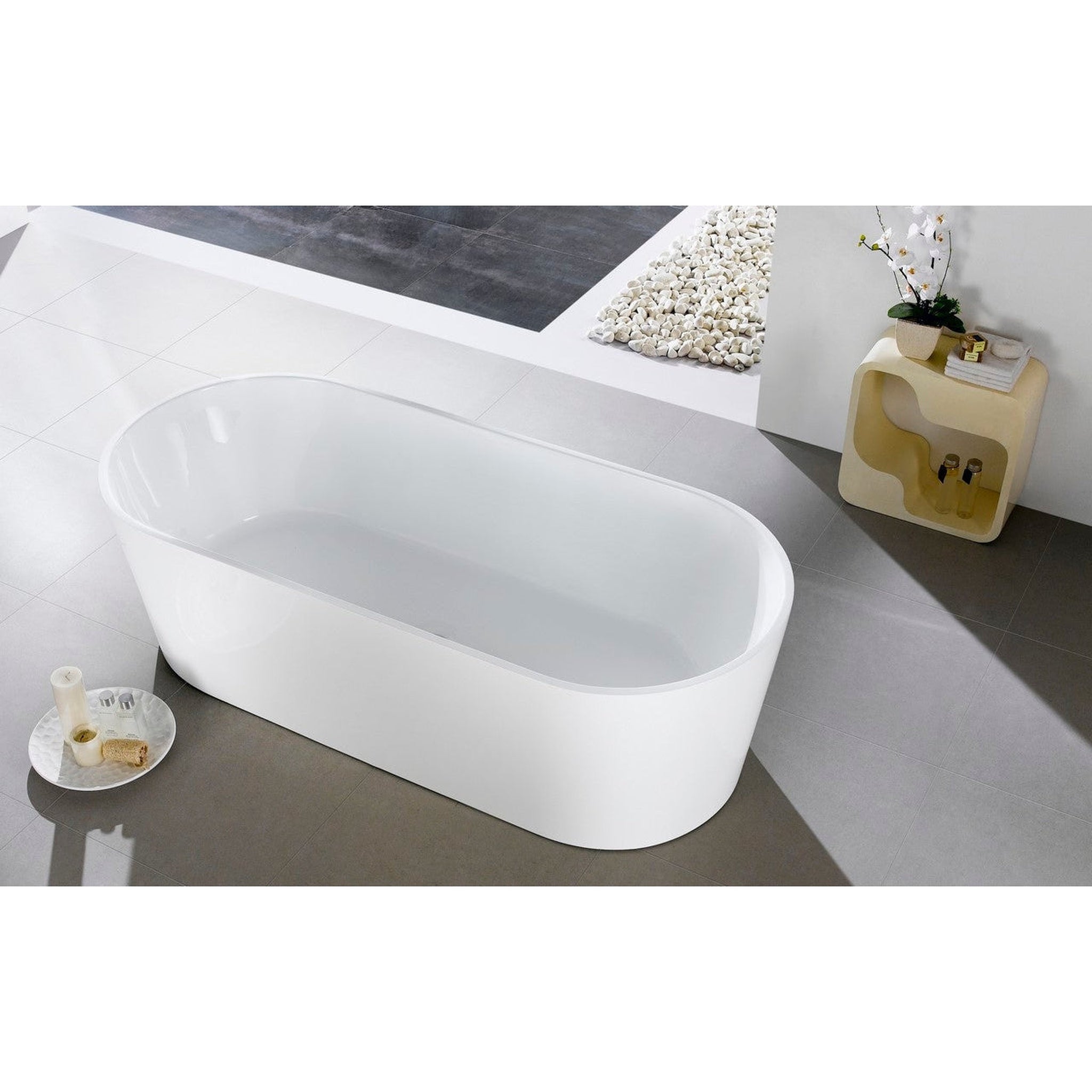 KubeBath, KubeBath Kube Ovale 67" White Acrylic Freestanding Bathtub With Slim Rectangular Overflow and Brass Pop-Up Drain