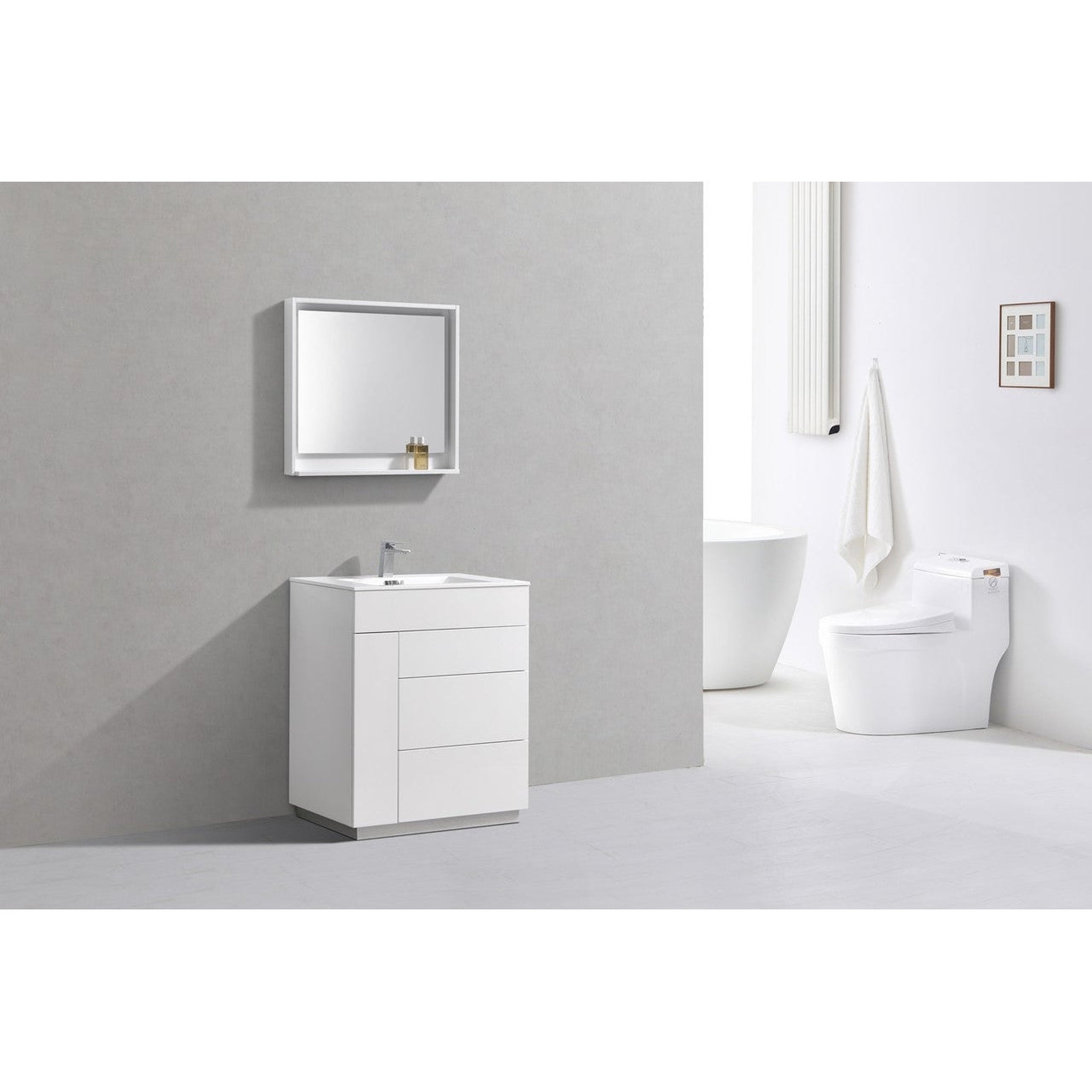 KubeBath, KubeBath Milano 30" High Gloss White Freestanding Modern Bathroom Vanity With Aluminum Kick Plate & Acrylic Composite Integrated Sink With Overflow