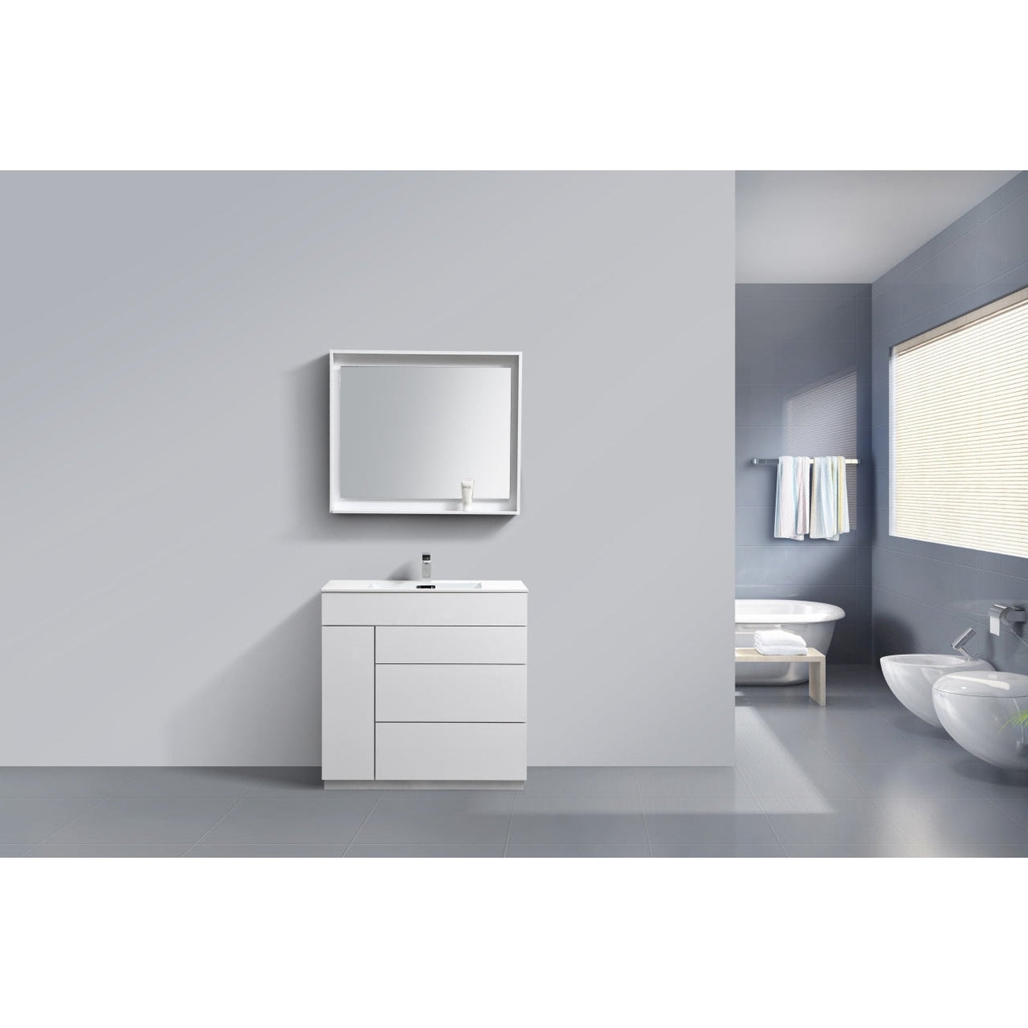 KubeBath, KubeBath Milano 36" High Gloss White Freestanding Modern Bathroom Vanity With Aluminum Kick Plate & Acrylic Composite Integrated Sink With Overflow