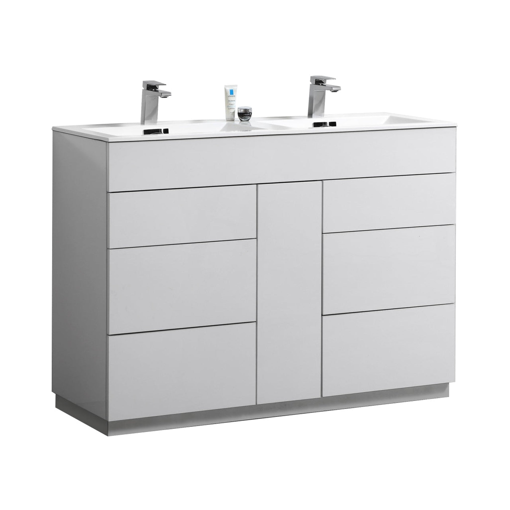 KubeBath, KubeBath Milano 48" High Gloss White Freestanding Modern Bathroom Vanity With Double Integrated Acrylic Sink With Overflow and 48" White Framed Mirror With Shelf