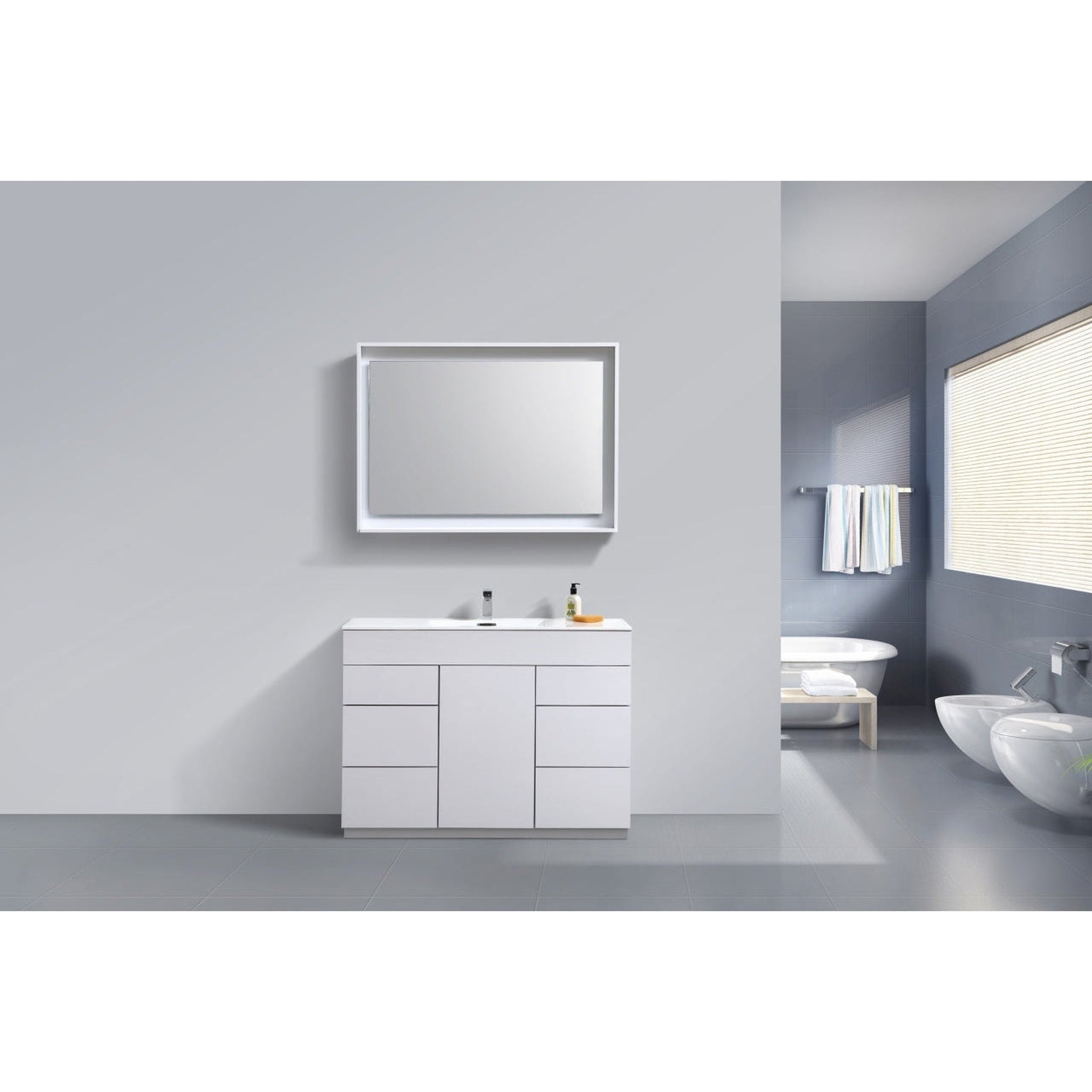 KubeBath, KubeBath Milano 48" High Gloss White Freestanding Modern Bathroom Vanity With Single Integrated Acrylic Sink With Overflow