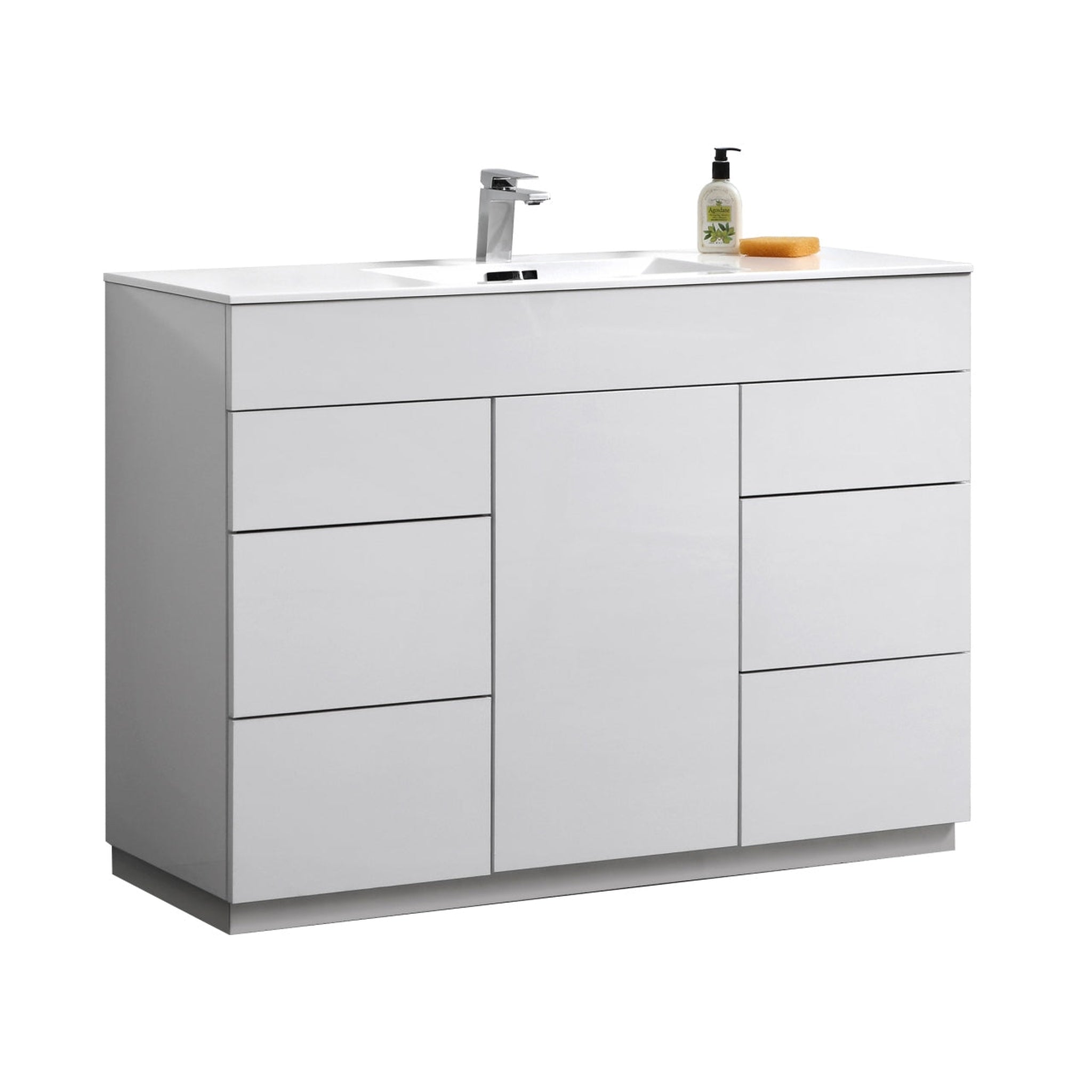 KubeBath, KubeBath Milano 48" High Gloss White Freestanding Modern Bathroom Vanity With Single Integrated Acrylic Sink With Overflow and 48" White Framed Mirror With Shelf