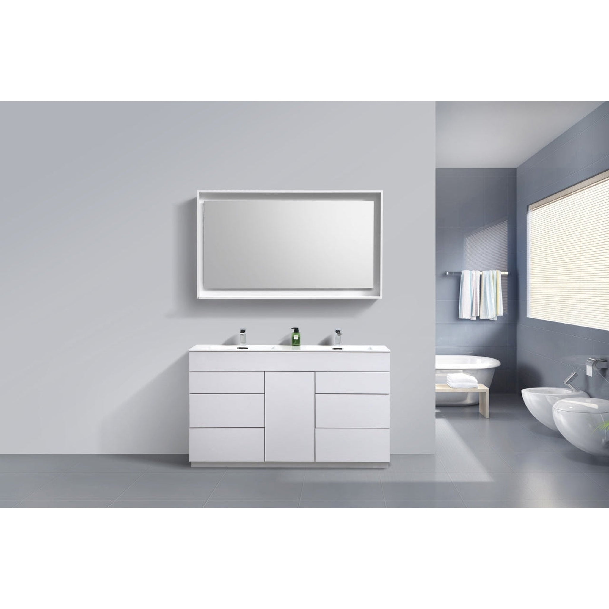 KubeBath, KubeBath Milano 60" High Gloss White Freestanding Modern Bathroom Vanity With Double Integrated Acrylic Sink With Overflow