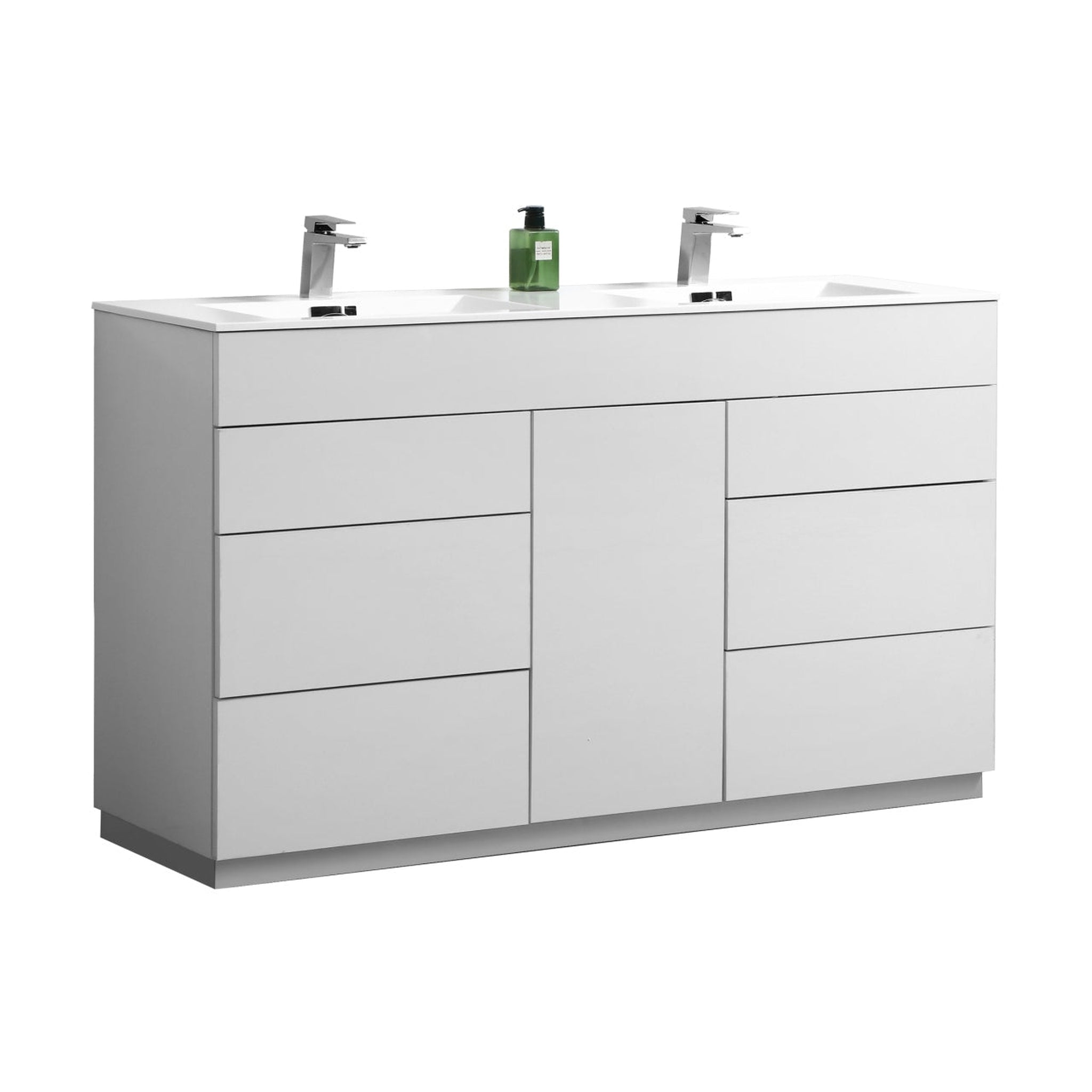 KubeBath, KubeBath Milano 60" High Gloss White Freestanding Modern Bathroom Vanity With Double Integrated Acrylic Sink With Overflow and 60" White Framed Mirror With Shelf