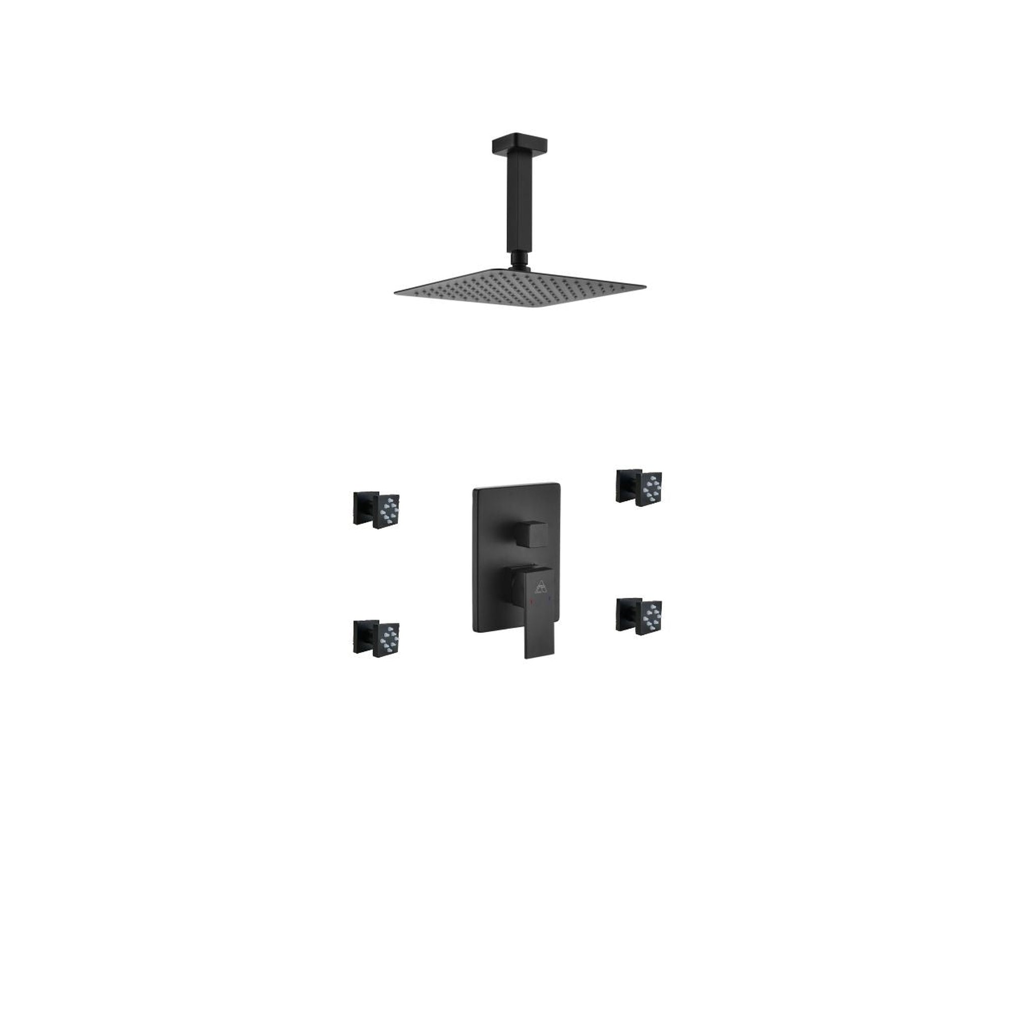 KubeBath, Kubebath Aqua Piazza 8" Matte Black Ceiling Mount Square With 4 Body Jets Rain Shower Set