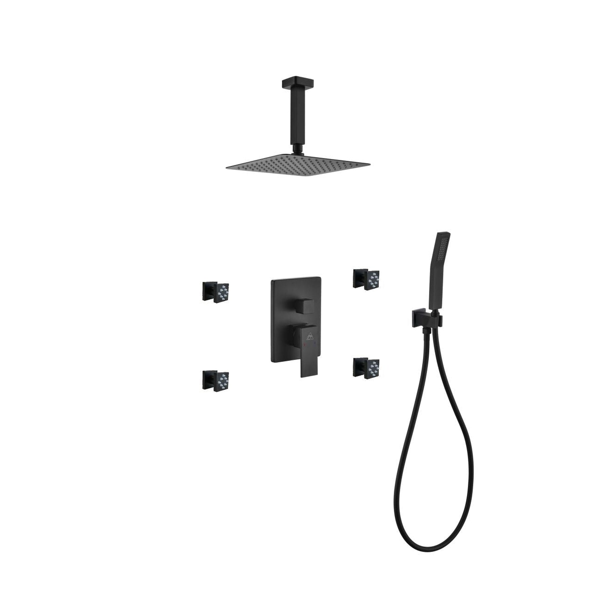 KubeBath, Kubebath Aqua Piazza 8" Matte Black Ceiling Mount Square With Handheld and 4 Body Jets Rain Shower Set