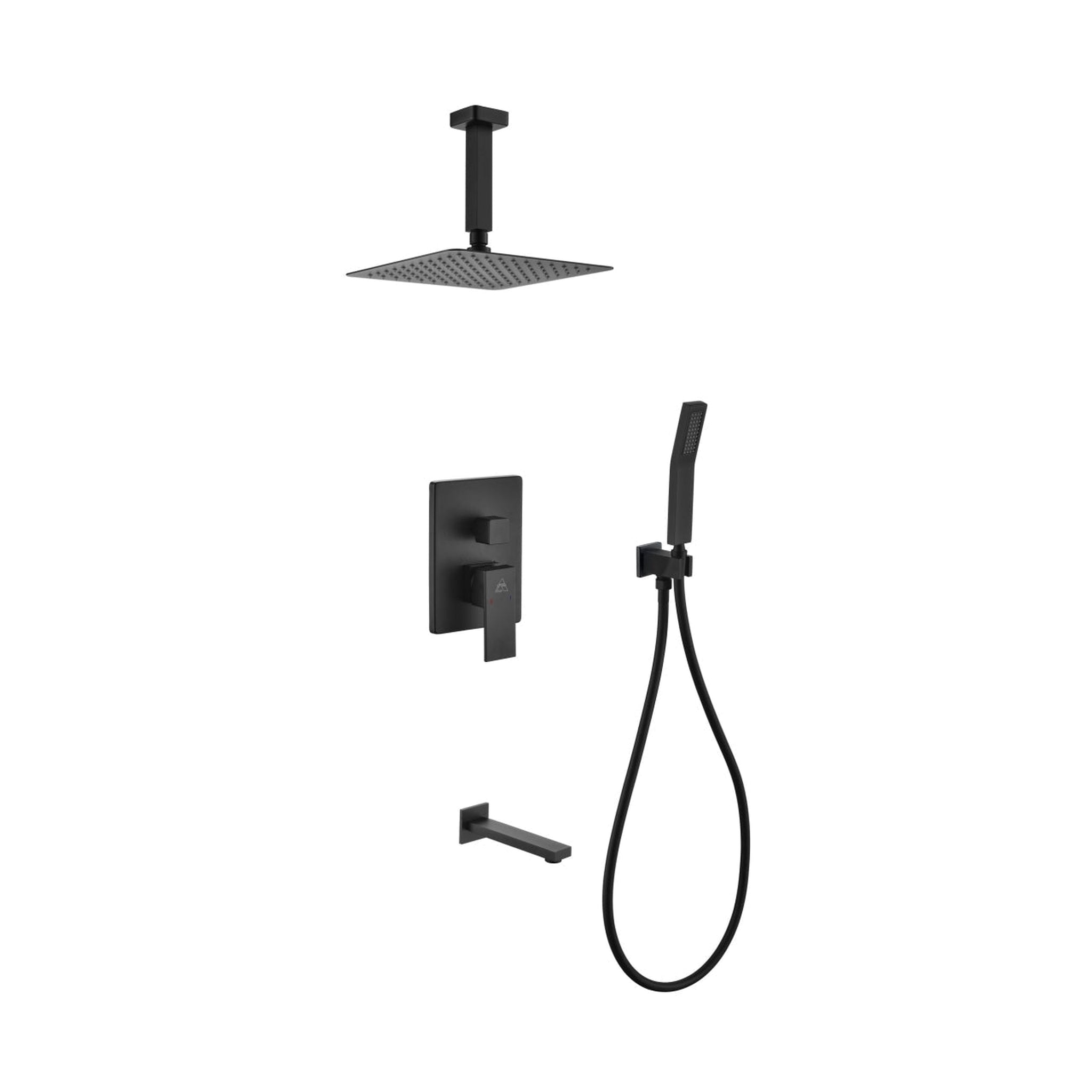 KubeBath, Kubebath Aqua Piazza 8" Matte Black Ceiling Mount Square With Handheld and Tub Filler Jets Rain Shower Set