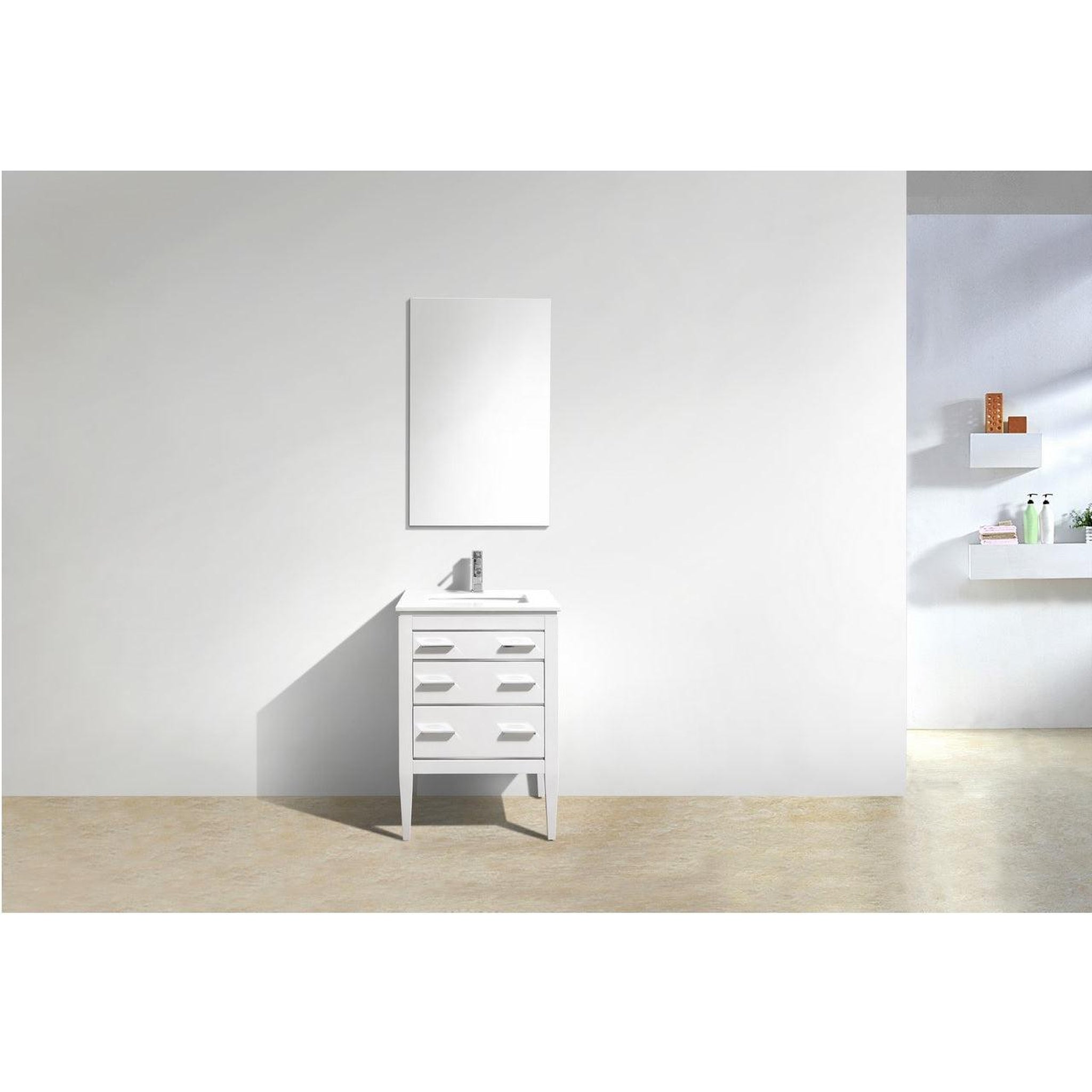 KubeBath, Kubebath Eiffel 24" High Gloss White Freestanding Modern Bathroom Vanity With Quartz Vanity Top & Ceramic Undermount Sink and 24" White Framed Mirror With Shelf