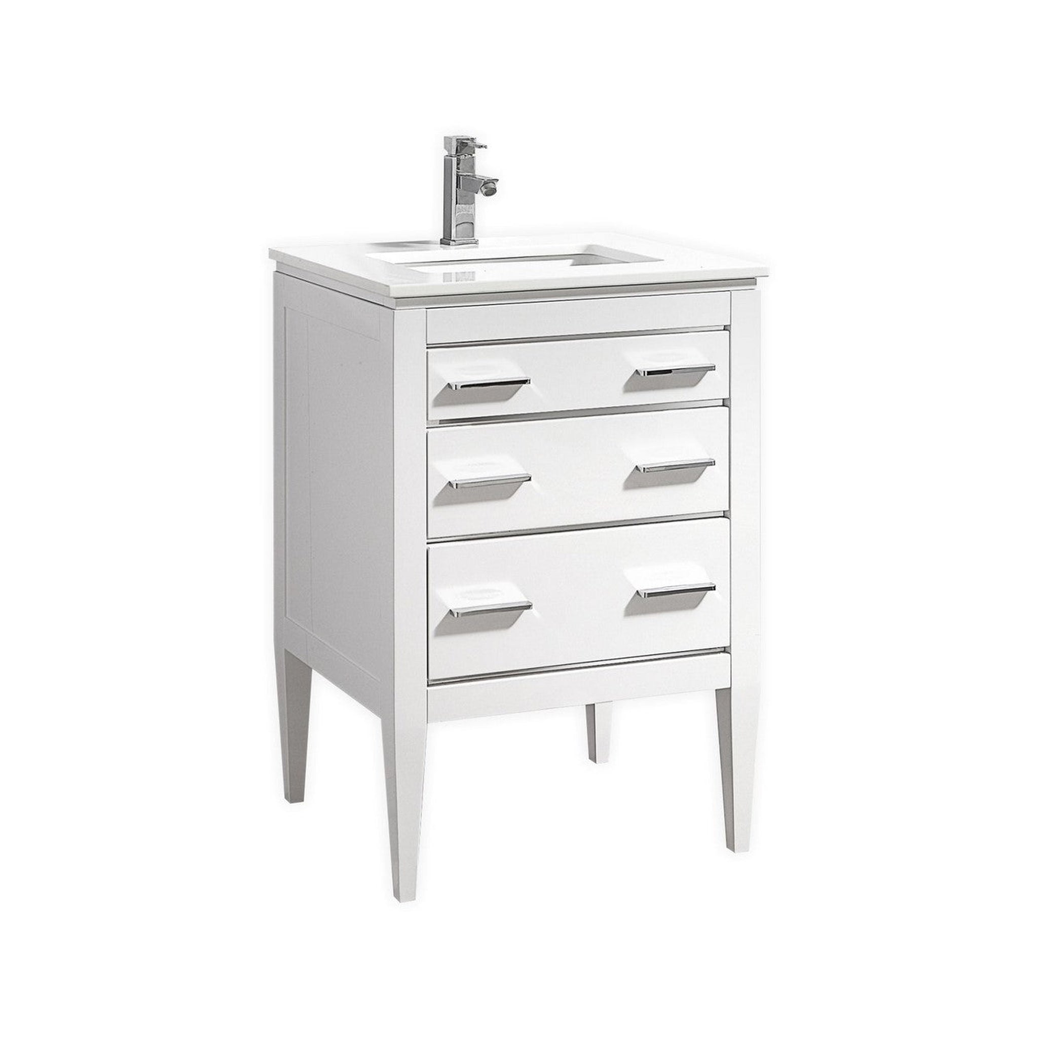 KubeBath, Kubebath Eiffel 24" High Gloss White Freestanding Modern Bathroom Vanity With Quartz Vanity Top & Ceramic Undermount Sink and 24" White Framed Mirror With Shelf