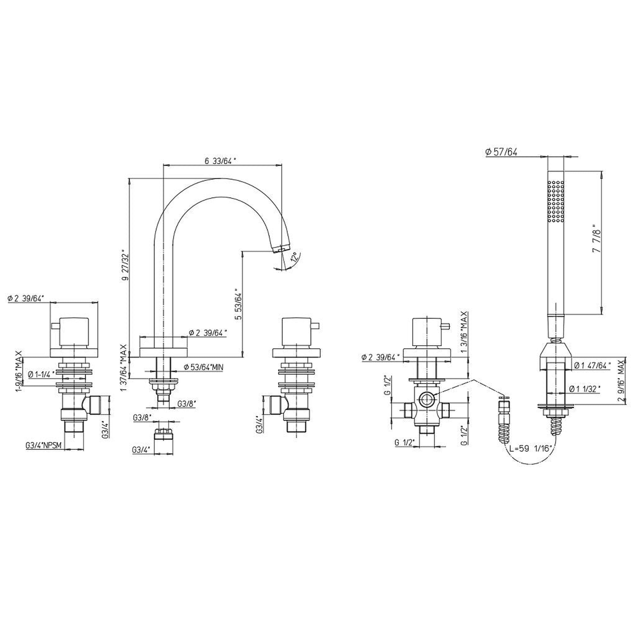 LaToscana by Paini, LaToscana Elba Brushed Nickel Roman Tub Faucet With Lever Handles, Diverter & Handheld Shower